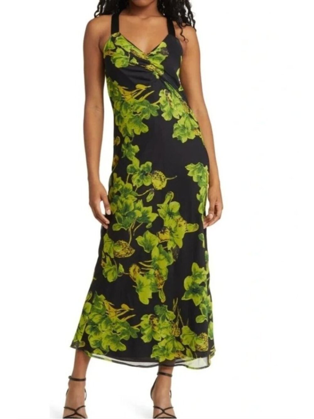 New Topshop Women's Size US6 Black & Green Maxi Dress Plunging Neckline & Straps